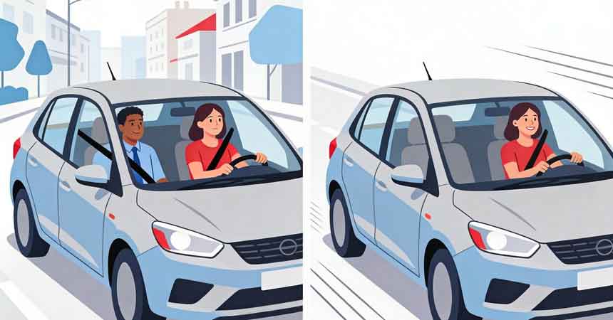 Adult beginner learning to drive with an instructor, then driving confidently alone